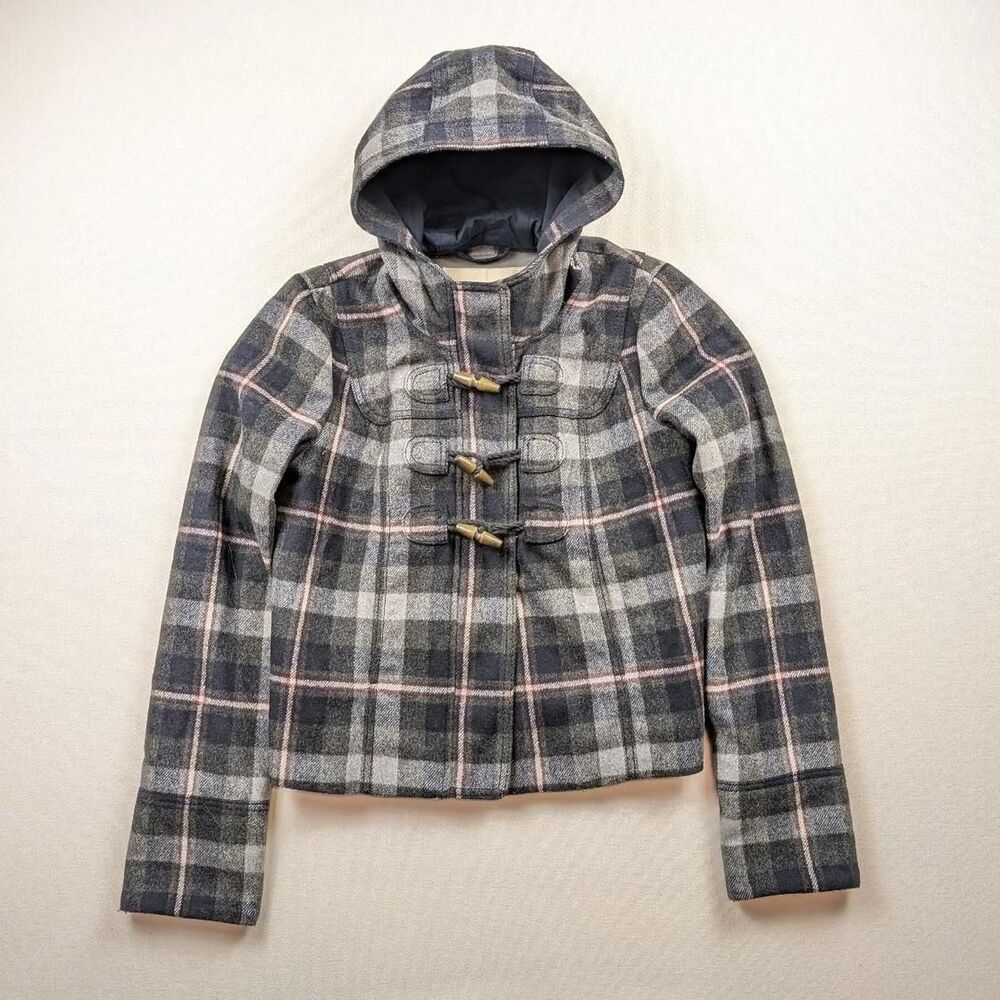 Y2K Abercrombie & Fitch grey plaid hooded duffle coat Cropped Jacket Small